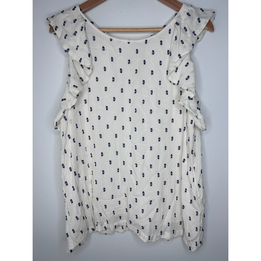 Loft Blouse Top Sz XL Ivory Navy Embroidered Flutter Sleeveless Coastal Feminine
